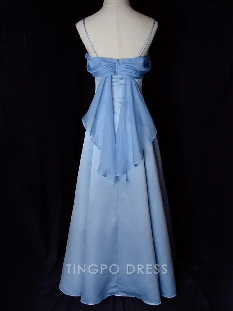 TingPo Wholesale Elegant Vintage Blue Satin Spaghetti Straps Gown Elegant Dress
